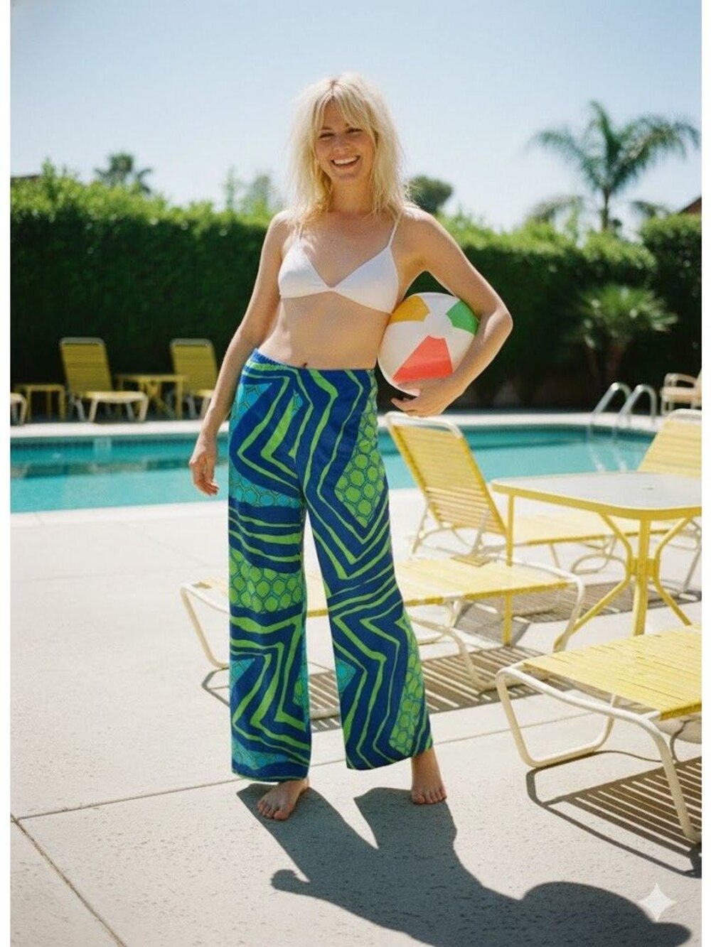 Vintage 70s Kamehameha Hawaiian Wide Leg Palazzo Pants Abstract Geo Nylon Large